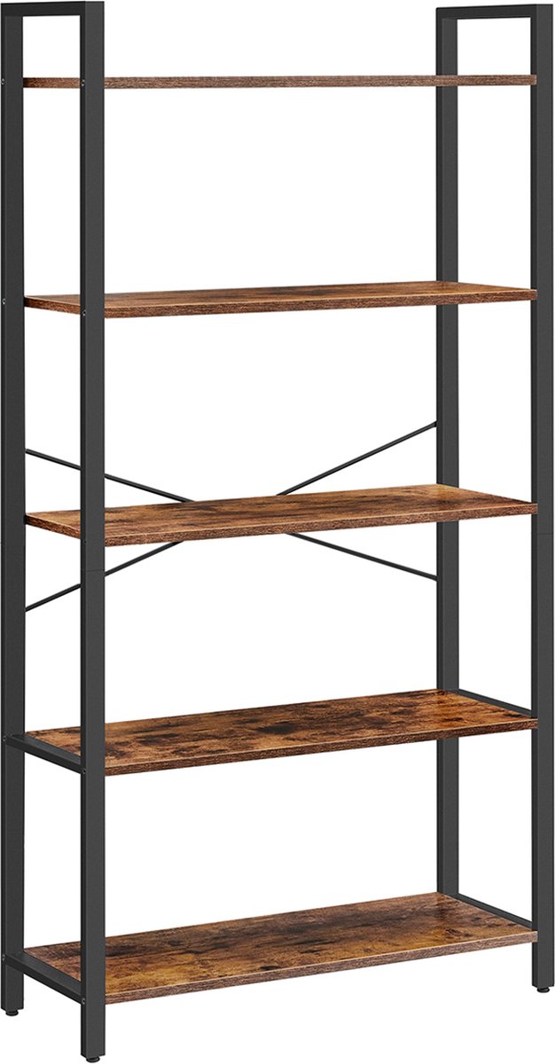 Signature Home Houilles Boekenplank - Opbergrek met 5 niveaus - staand rek - industrieel ontwerp - voor woonkamer - kantoor - studeerkamer en gang - stalen frame - vintage bruin-zwart