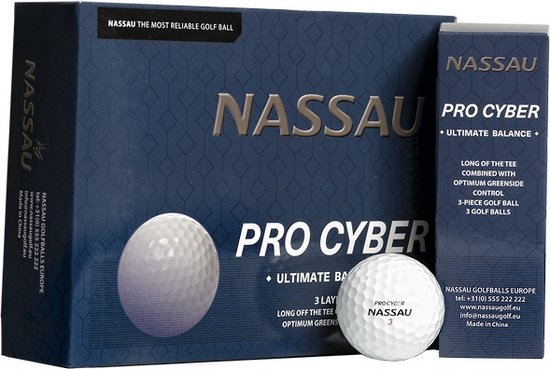 Doos met NASSAU PRO CYBER golfballen, met een gestippeld patroon op de doos. Een witte golfbal met 'PRO CYBER NASSAU 3' is zichtbaar.