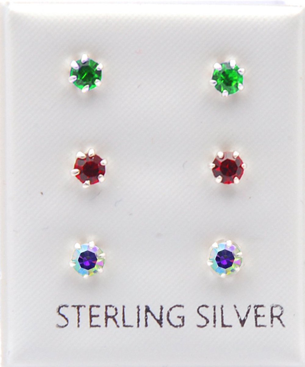 3 Paar zilveren oorknopjes met 3 mm gekleurde steentjes blauw groen en ab crystal