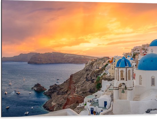 Dibond - Zonsondergang op het Griekse eiland Santorini - 80x60 cm Foto op Aluminium (Wanddecoratie van metaal)