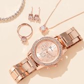 Dames 5-delige Horloge set met Strass versiering in Rosegoud kleur Valentijn Valentijns cadeau voor haar kado