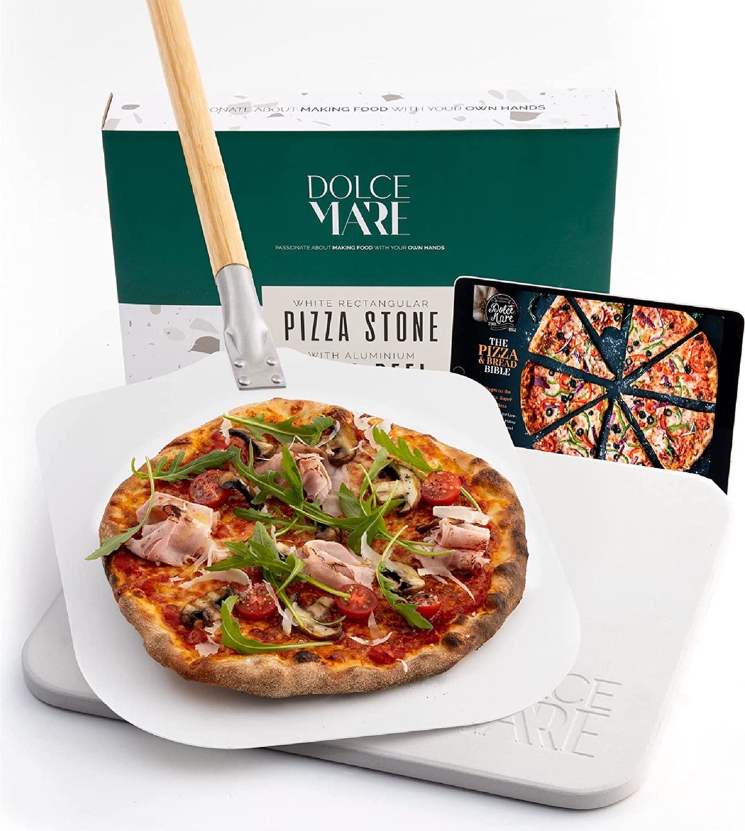 DOLCE MARE Pizzasteen incl. aluminium pizzaslede - pizzasteen van hoogwaardig cordieriet voor oven & grill - baksteen voor krokante pizza zoals bij de Italiaan - ook als broodbaksteen