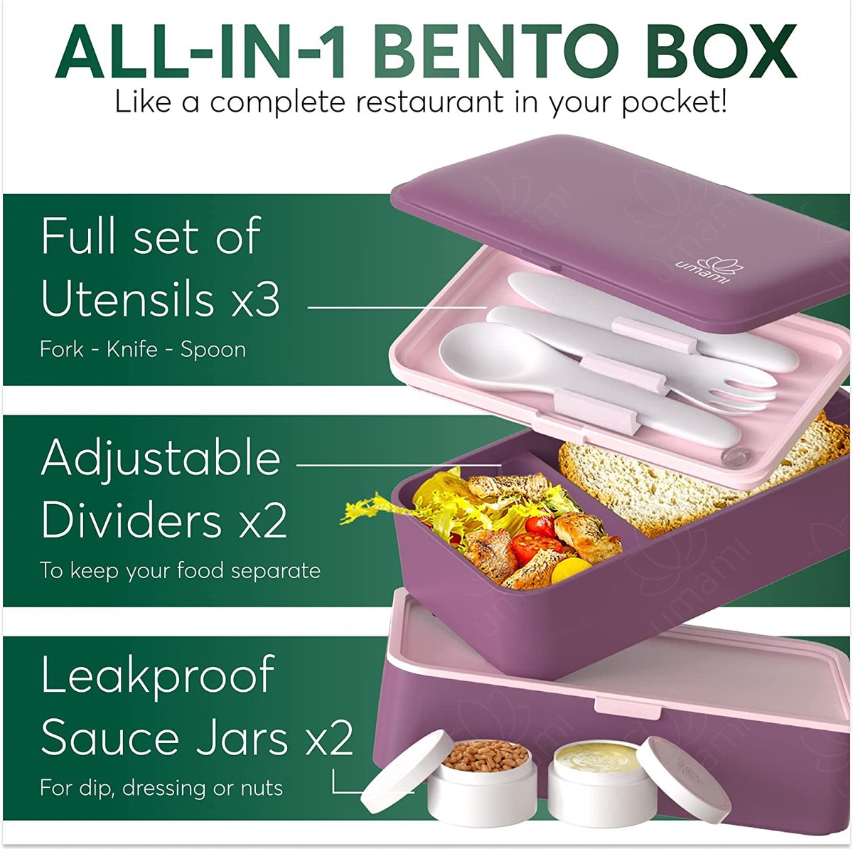 Boîte Bento Isotherme 3 Compartiments OmieLifeBox - 25x20x8.5 Cm, Violet, Avec Bol Inox Amovible