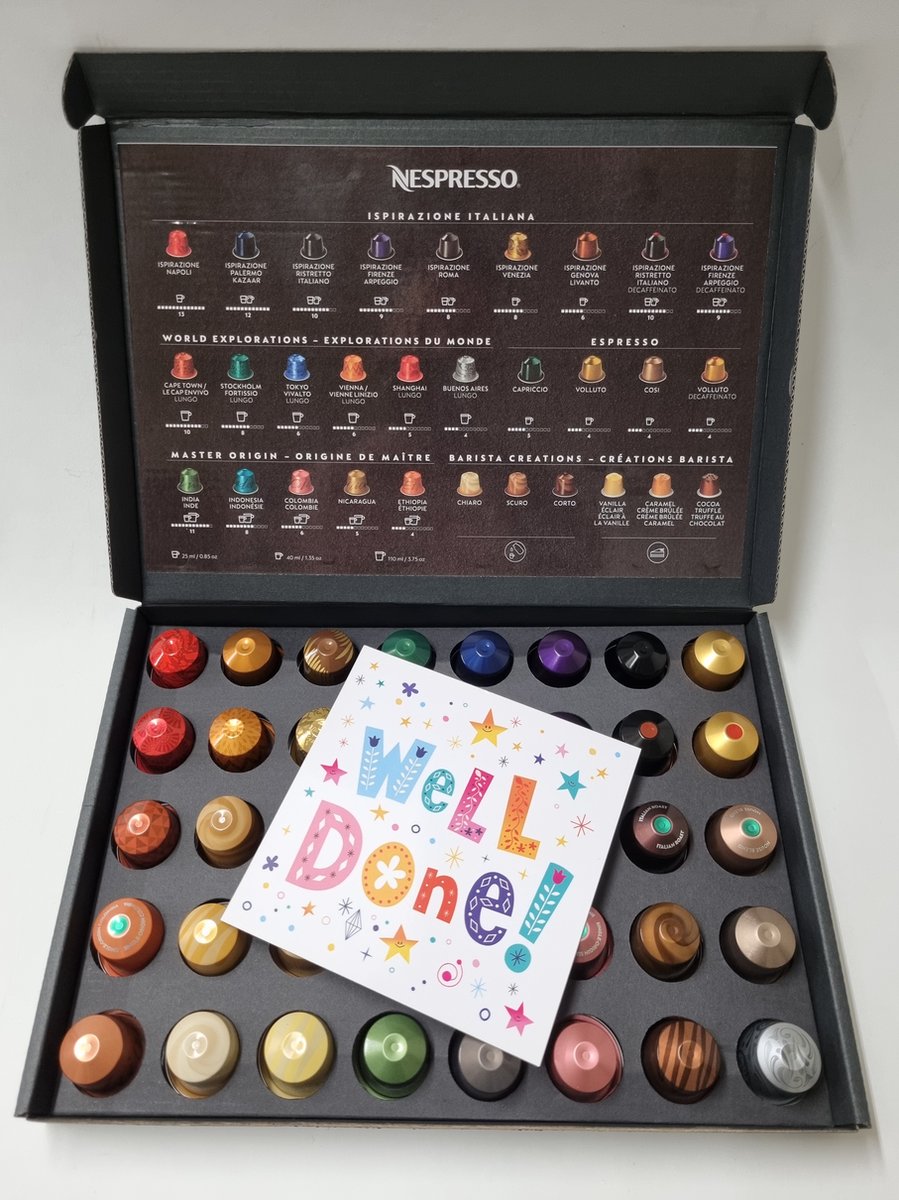 Goedkoopste Nespresso & Starbucks Koffie Proeverij Pakket groot 40 stuks verschillende smaken met Mystery Card 'Well Done' met persoonlijke (video) boodschap | Verjaardag | Sinterklaas | Kerstpakket | Vaderdag | Moederdag | Jubileum | Valentijnsdag