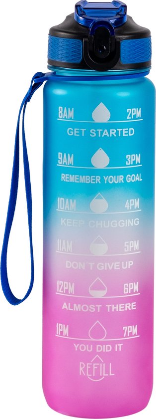 Motiverende waterfles met rietje, 1000 ml sportwaterflessen met tijdmarkering, BPA-vrije lekvrije duurzame drinkfles voor fitness sportschool kamperen buiten kantoor (blauw