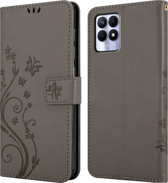 Cadorabo Coque pour Realme 8i / Narzo 50 4G en GRIS FLORAL - Housse de Protection à Motif Floral avec Fermeture Magnétique, Fonction Support et Fentes pour Cartes Book Case Cover Etui