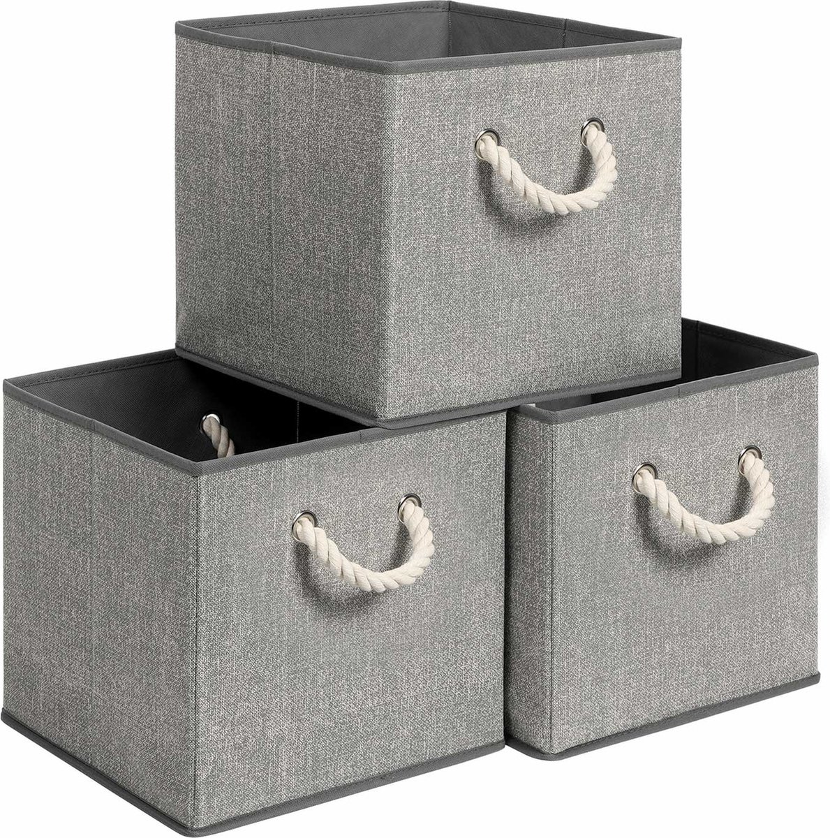 Opbergdozen - Set van 3 - Stoffen dozen - Zonder deksel - Met handgrepen - 30 x 30 x 30 cm - Linnen look - Grijs