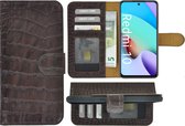 Xiaomi Redmi 10 Hoesje - Bookcase - Redmi 10 Hoesje Book Case Wallet Echt Leer Croco Chocoladebruin Cover