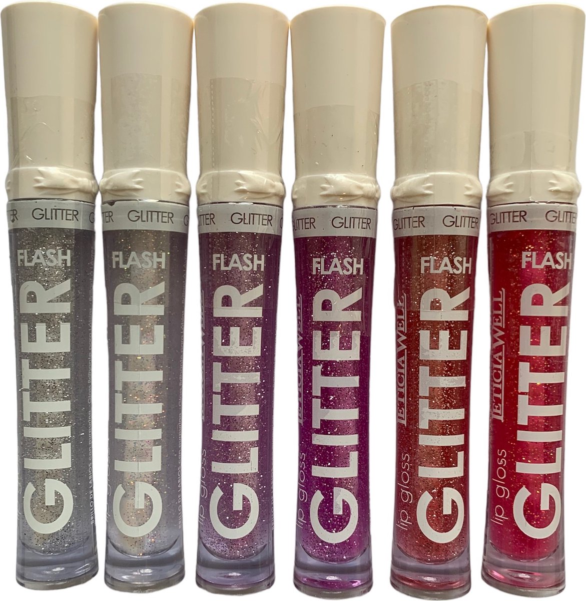 Leticia Well - Set met 6 Flesjes Glitter Lipgloss - Transparant/Roze/Rosé/Roze-Rood met zilver en multi gekleurde glitters - 6 kunststof flesjes met applicator en 6 ml. inhoud