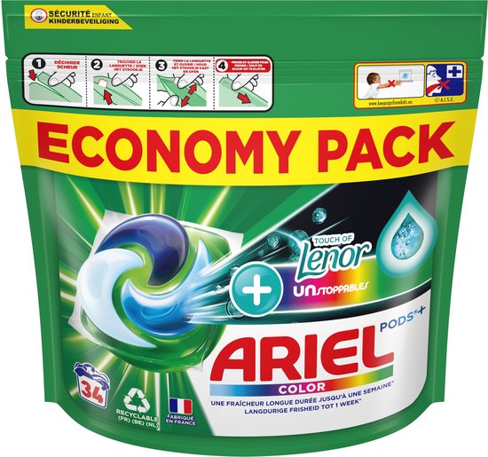 Ariel PODS+ - Vloeibaar Wasmiddelcapsules - +Touch Van Lenor Unstoppables - Kleur - 34 Wasbeurten