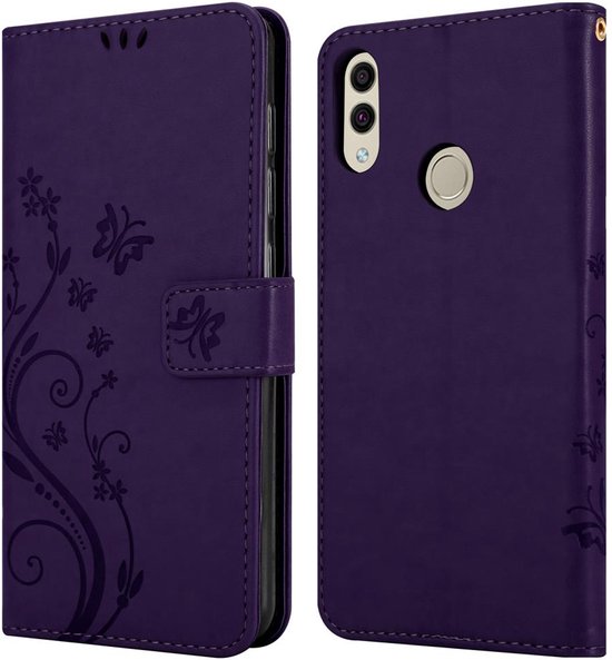 Cadorabo Hoesje geschikt voor Honor 8C in BLOEMEN DONKER PAARS - Beschermhoes in bloemmotief met magnetische sluiting, standfunctie en kaartsleuven Book Case Cover Etui