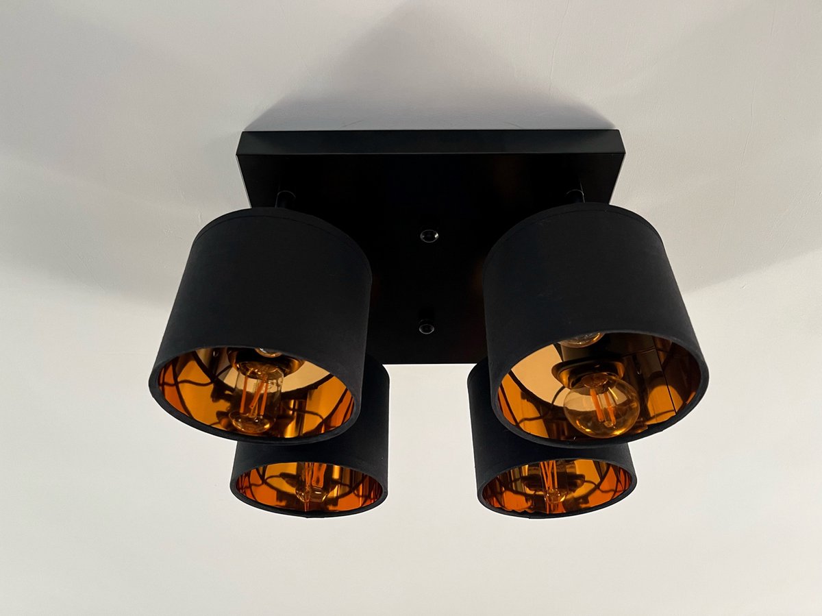 Lampen District - Plafondlamp goud - Industrieel - vierkant zwart - plafondlamp met LED fitting - Spots verlichting dimbaar