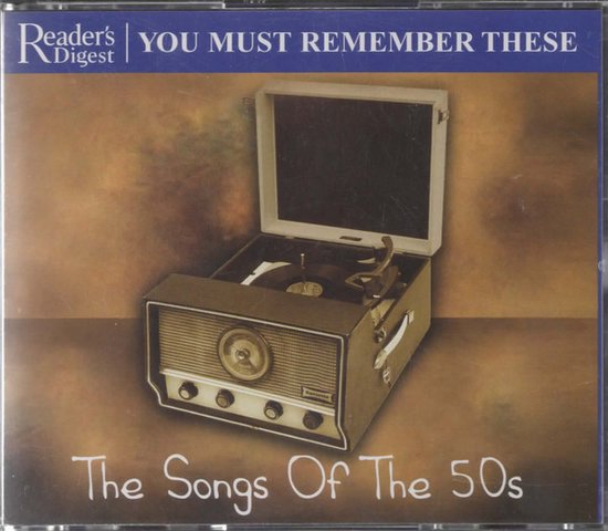 Reader's Digest 'You Must Remember These: The Songs Of The 50s' CD-hoes met een vintage platenspeler/radio.
