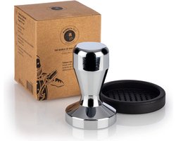 Buddy´s Bar - Barista Edition, premium tamper, koffiecompressor Ø 53 mm base, h: 8 cm, koffiemeelpers, roestvrij staal, espressostempel, 53 mm zeefhouder, koffiestamper met siliconenmat