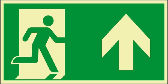 Foto: Lichtgevend nooduitgang bord pijl boven kunststof e001 300 x 150 mm vluchtweg rechtdoor nalichtend glow in the dark emergency exit