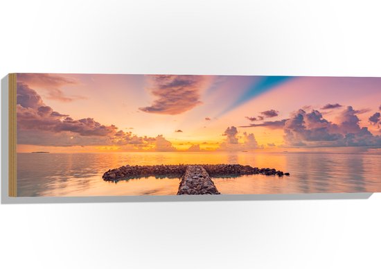 Hout - Kleurrijke Zonsondergang bij het Water met Stenen - 90x30 cm - 9 mm dik - Foto op Hout (Met Ophangsysteem)