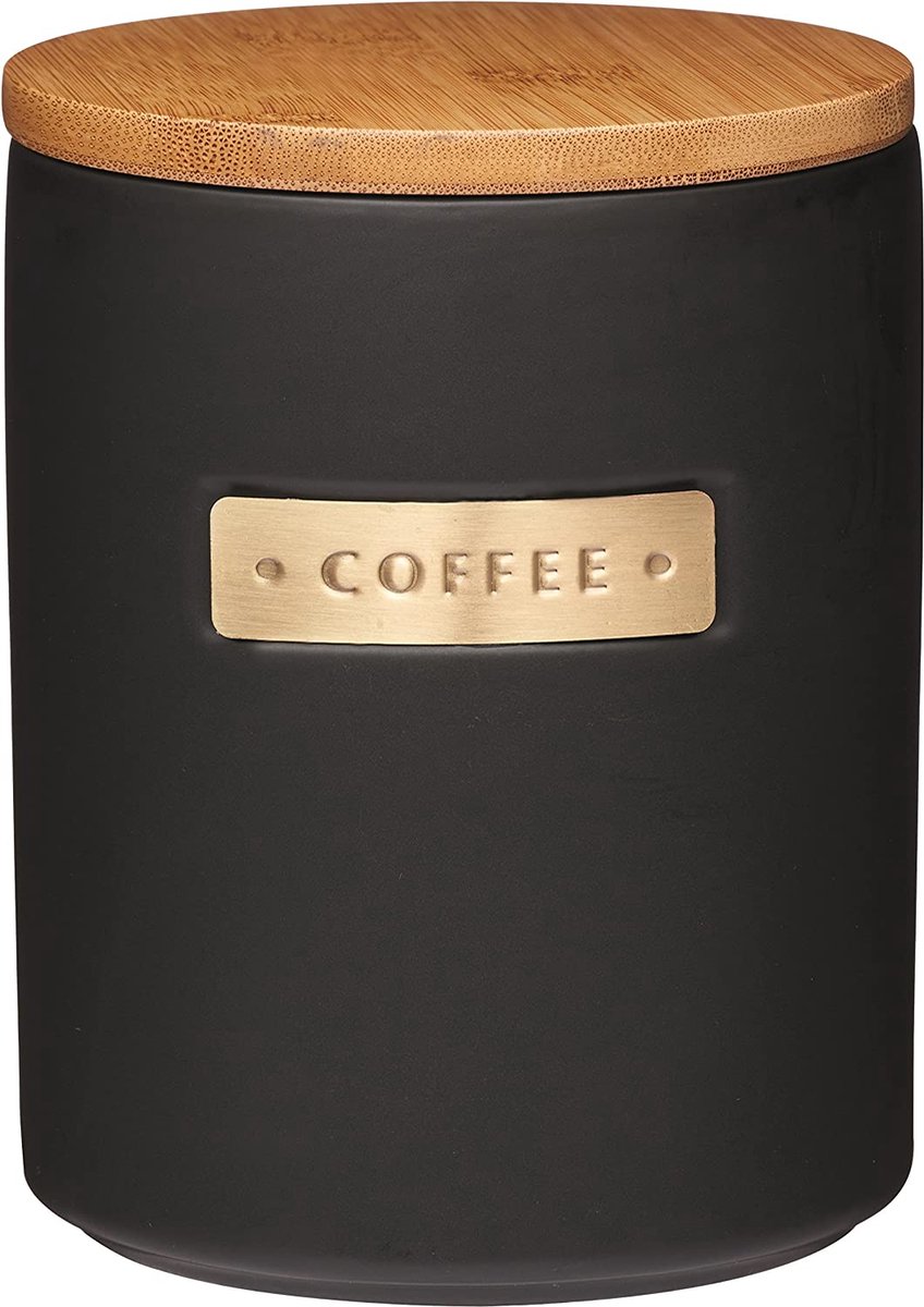 MasterClass stenen koffiepot, 1kg (1,75 liter) koffiebonenopslag, voorraadpot met messingeffect en luchtdicht bamboe vacuümdeksel, koffiecontainer aroma-dicht, inhoud, zwart, Ø 12 x 16