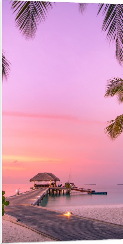 PVC Schuimplaat- Maledieven Resort op het Water met Pastelkleurige Lucht - 50x100 cm Foto op PVC Schuimplaat
