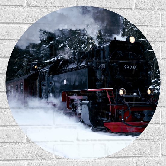WallClassics - Muursticker Cirkel - Rijdende Stoomtrein in de Sneeuw - 70x70 cm Foto op Muursticker