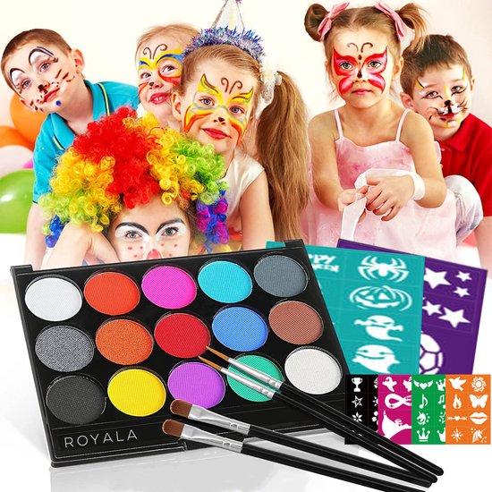 Maquillage - Face Paint Set - 15 couleurs avec 4 Pinceaux et 6 Modèles - 4  Pinceaux -... | bol