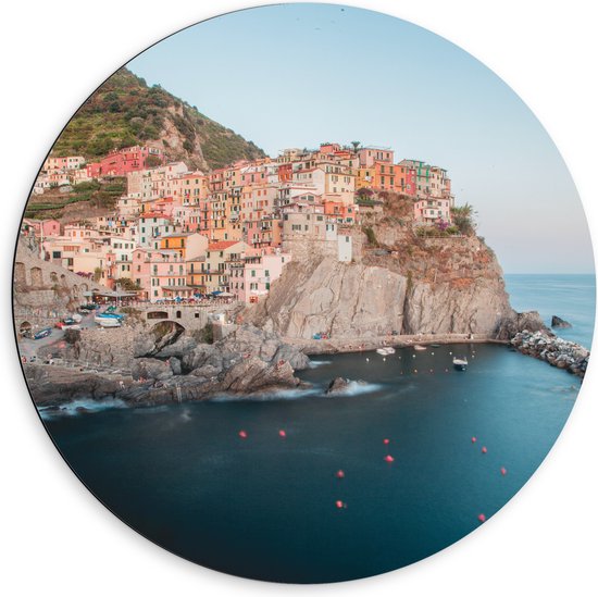 Dibond Muurcirkel - Huisjes aan de Kust in Cinque Terre, Italië - 60x60 cm Foto op Aluminium Muurcirkel (met ophangsysteem)