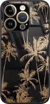 iPhone 14 Pro Max hoesje glas - Palmbomen - Zwart - Hard Case Zwart - Backcover telefoonhoesje - Planten - Casimoda®