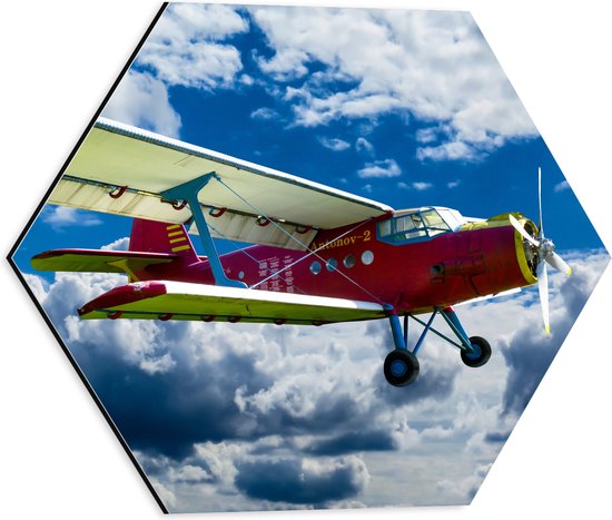 WallClassics - Dibond Hexagon - Rode Zweefvliegtuig in de Lucht - 40x34.8 cm Foto op Hexagon (Met Ophangsysteem)