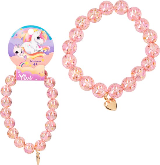 Ylvi armband met roze glitterkralen en gouden hartje.