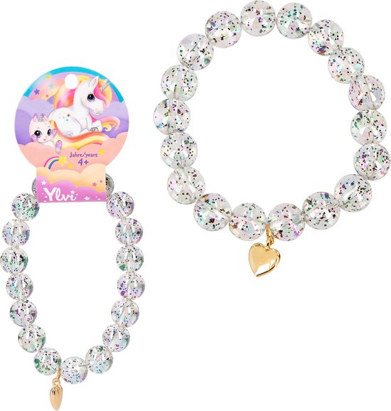 Ylvi armband met heldere glitterkralen en gouden hartje.