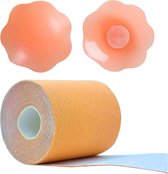 Stelleriana 7.5cmx5m Beige Boob Tape of Fashion Tape Met 2 Herbruikbare Siliconen Tepelplakkers/Tepelcovers/Nipple Covers/Tepelbedekkers. Voor Push Up En Lift Effect Als Een Plak BH Op De Borst/Breast.