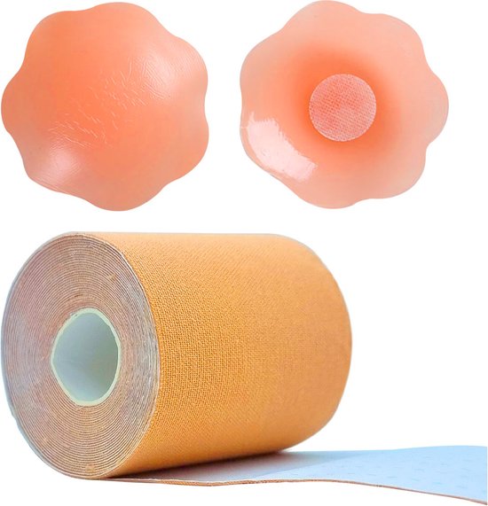 Stelleriana 7.5cmx5m Beige Boob Tape of Fashion Tape Met 2 Herbruikbare Siliconen Tepelplakkers/Tepelcovers/Nipple Covers/Tepelbedekkers. Voor Push Up En Lift Effect Als Een Plak BH Op De Borst/Breast.