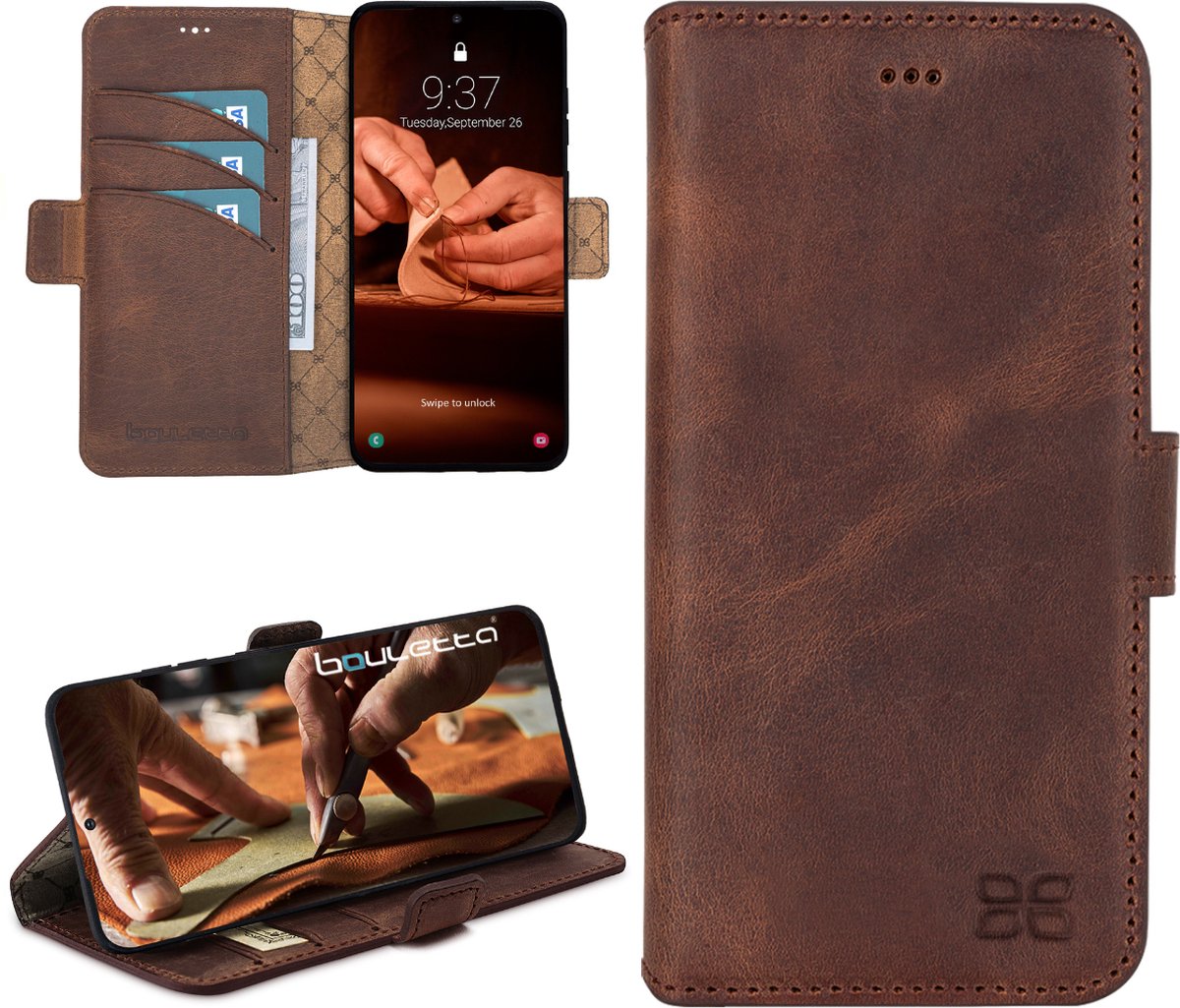 Bouletta geschikt voor Samsung S23 lederen BookCase hoesje - Antic Coffee