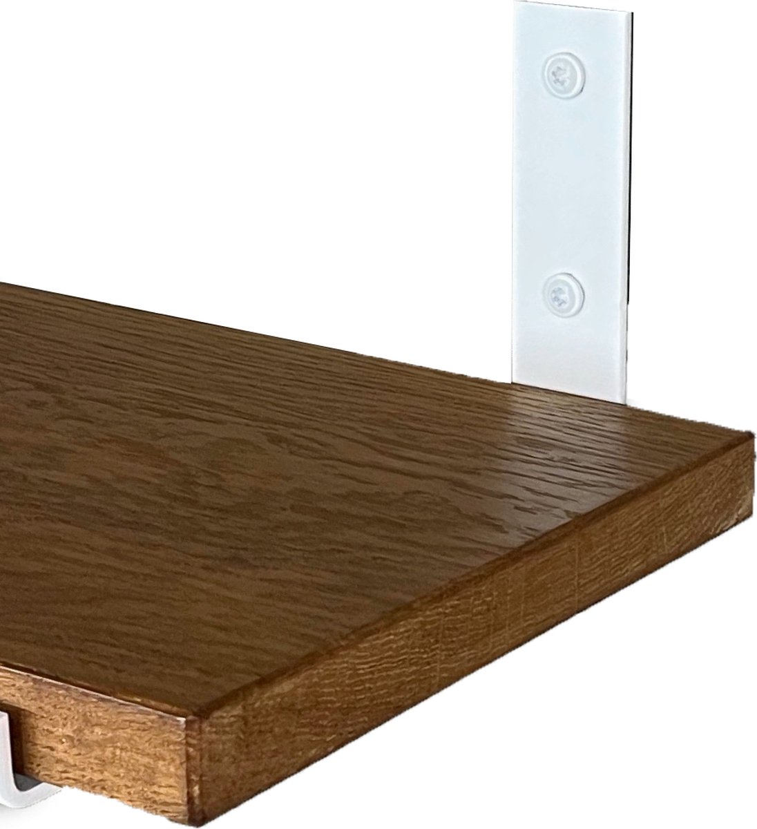 GoudmetHout Wandplank Industrieel - 100 x 25 cm Muurplank - Donker Eiken Hout - Decoratie Wandrek & Boekenrek - Hangplank Keuken - Wall Shelf + 2 Mat Witte Plankdragers van Staal Donker eiken - Mat wit - 25 cm