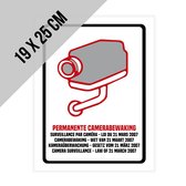 Pictogram/ bord | "Permanente camerabewaking" Wetgeving maart 2007 | 19 x 25 cm | Dikte: 1 mm | 4 talen | NL/ FR/ ENG/ DE | Wettelijk verplicht | CCTV | Nederlands | Engels | Frans | Duits | 1 stuk