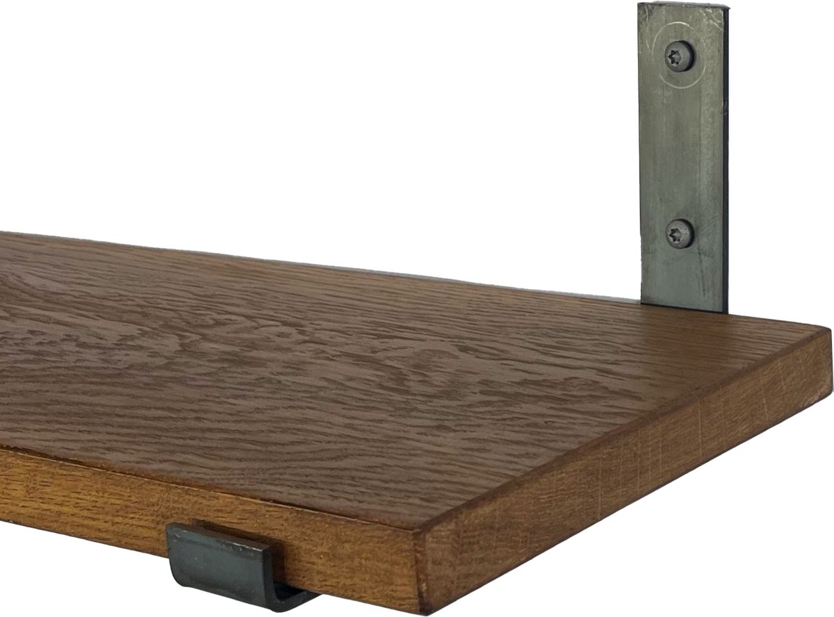 GoudmetHout Wandplank Industrieel - 80 x 25 cm Muurplank - Donker Eiken Hout - Decoratie Wandrek & Boekenrek - Hangplank Keuken - Wall Shelf + 2 Plankdragers van Ruw Staal Donker eiken - Zonder coating - 25 cm