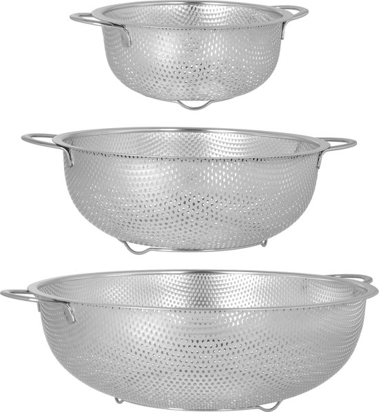 Krumble Vergiet - Set van 3 - Zeven - Kookgerei - Keukenbenodigdheden - Afgiethulp - Vaatwasserbestendig - RVS - Zilver - 16,5 cm + 22,5 cm + 28,5 cm