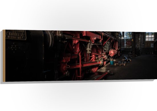 WallClassics - Hout - Locomotief zwart met rood - 120x40 cm - 9 mm dik - Foto op Hout (Met Ophangsysteem)