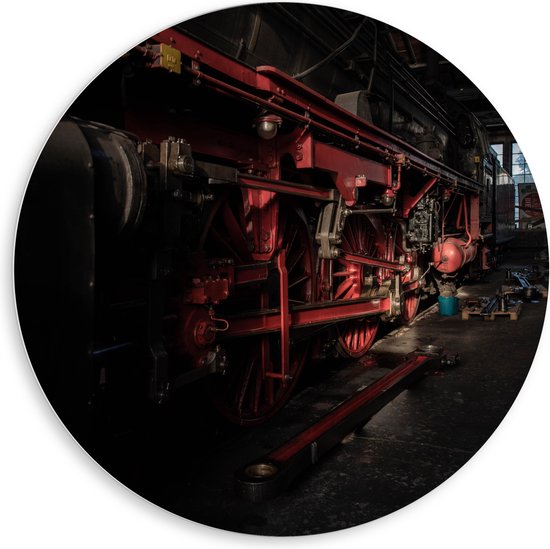 WallClassics - PVC Schuimplaat Muurcirkel - Locomotief zwart met rood - 80x80 cm Foto op Muurcirkel (met ophangsysteem)