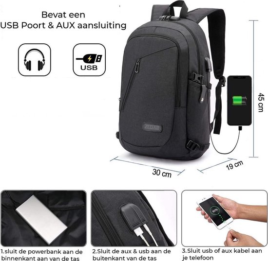 Anti Diefstal Waterdichte Rugzak Inclusief Usb Oplaadstation - Laptop