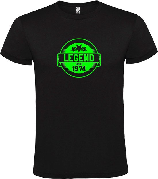 Zwart T-Shirt met “Legend sinds 1974 “ Afbeelding Neon Groen Size XL