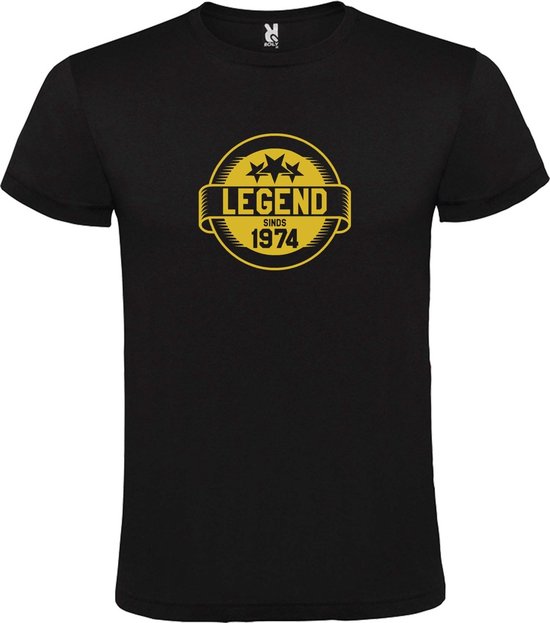 Zwart T-Shirt met “Legend sinds 1974 “ Afbeelding Goud Size XL