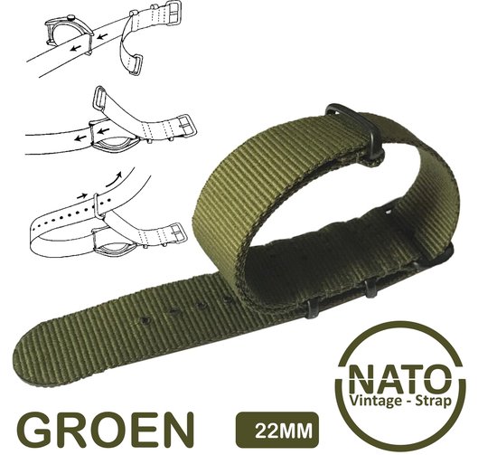 Bracelet Nato Premium 22 mm Vert avec boucle noire - Vintage James Bond - Collection Nato Strap - Homme - Femme - Bracelet de montre - Largeur du bracelet 22 mm pour, entre autres. Seiko Rolex Omega Casio et Citizen