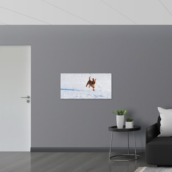 WallClassics - Bois - Chien marron courant dans la neige - 100x50 cm - 9 mm d'épaisseur - Photo sur bois (avec système de suspension)