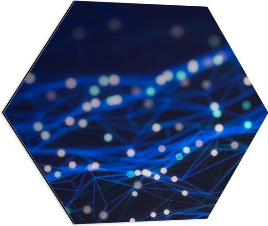 Dibond Hexagon - Blauwe Neonlijnen met Stippen - 60x52.2 cm Foto op Hexagon (Met Ophangsysteem)