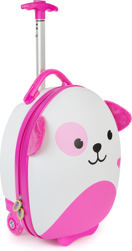 Witte kindertrolley met roze accenten, ontworpen als een puppy met roze oren en een roze vlek op het oog.