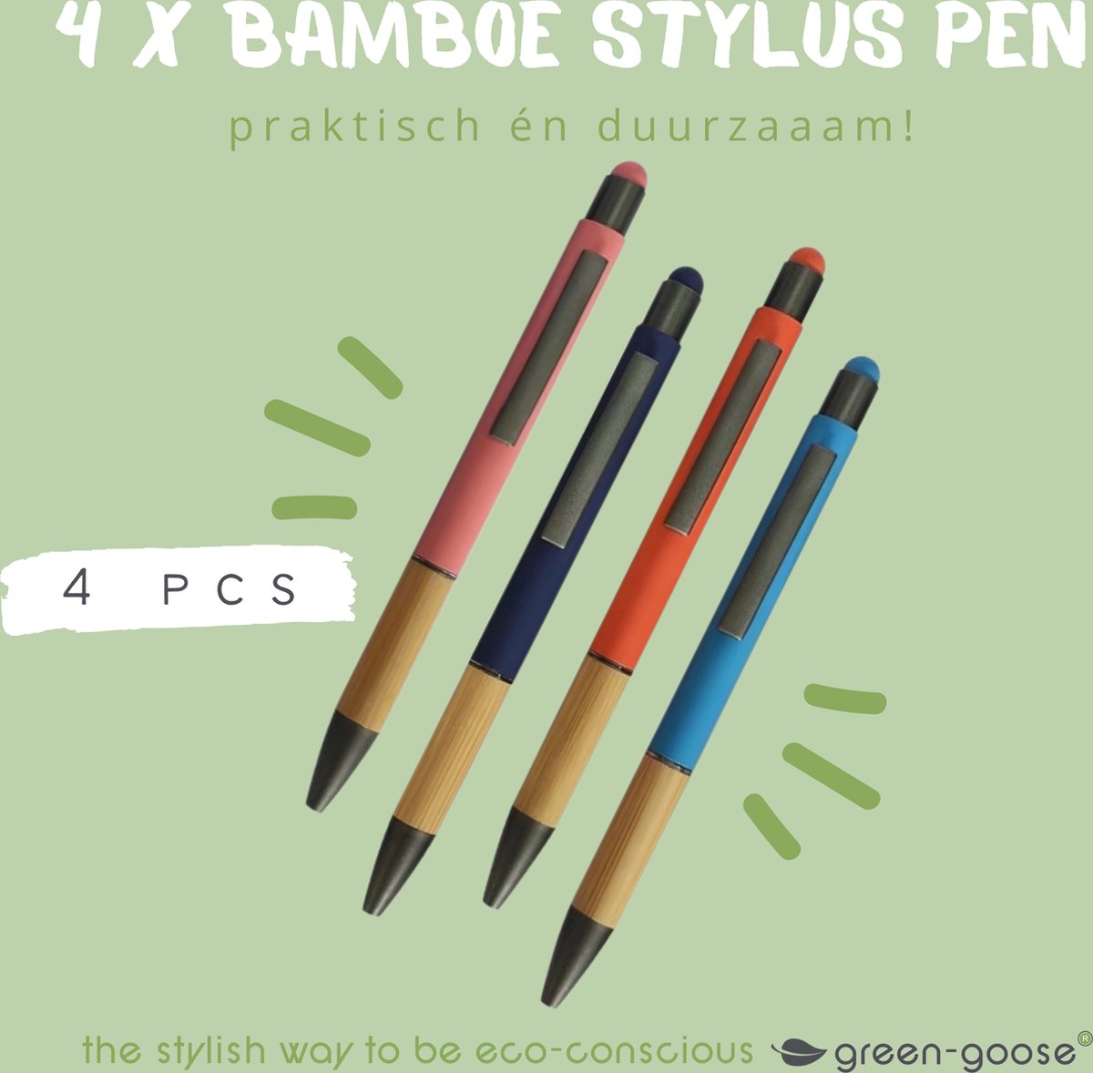 green-goose® Bamboe Stylus Pen | 4 Stuks | Met Vilt Pennenhouder | Verschillende Kleuren | Duurzaam Cadeau