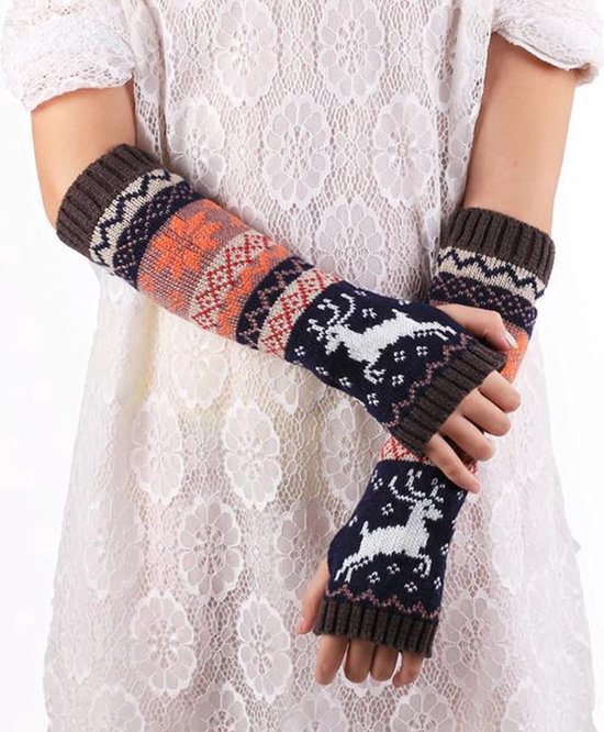 New Age Devi - Polswarmers met rendieren - Scandinavische winter armwarmers Donkerbruin - Gebreide vingerloze lange handschoenen - Dames