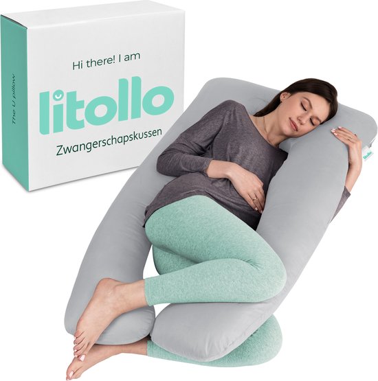 Litollo Zwangerschapskussen XXL - Voedingskussen 280 cm - Zijslaapkussen Grijs - U-vorm Lichaamskussen met Afneembare Hoes - Incl. Opbergtas - Body Pillow