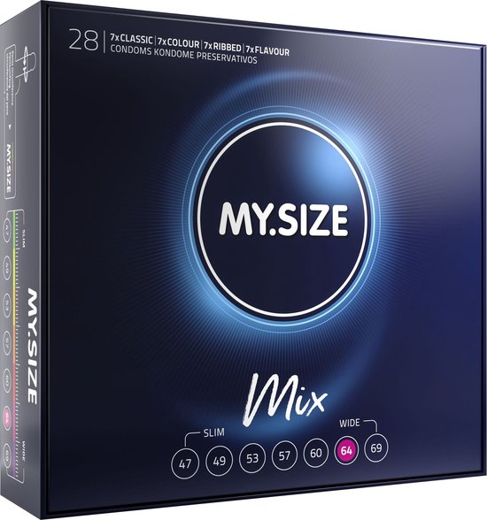 Doos met 28 "MY.SIZE Mix" condooms, met maten 47-69.