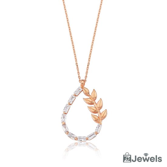 OZ Jewels Roségoud Gekleurde Zilveren Ketting Met Olijventak Design Versierd Met Zirkonium